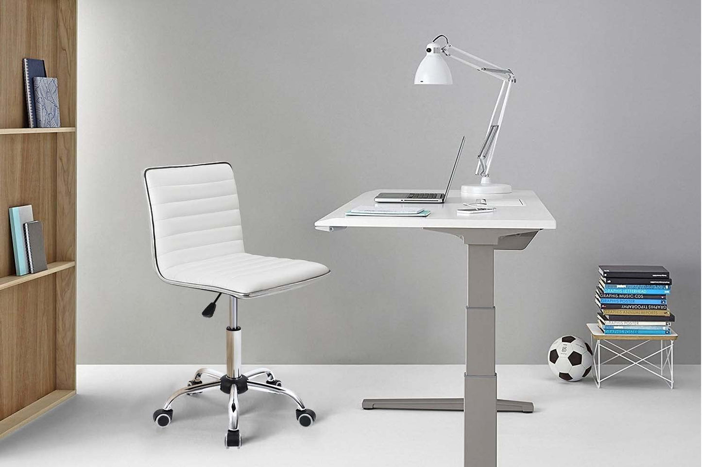 Furmax Vanity Office Desk Chair with Wheels, Armless Small Cute Leather Makeup Computer Task Chair Adjustable Height 360° Swivel (White)