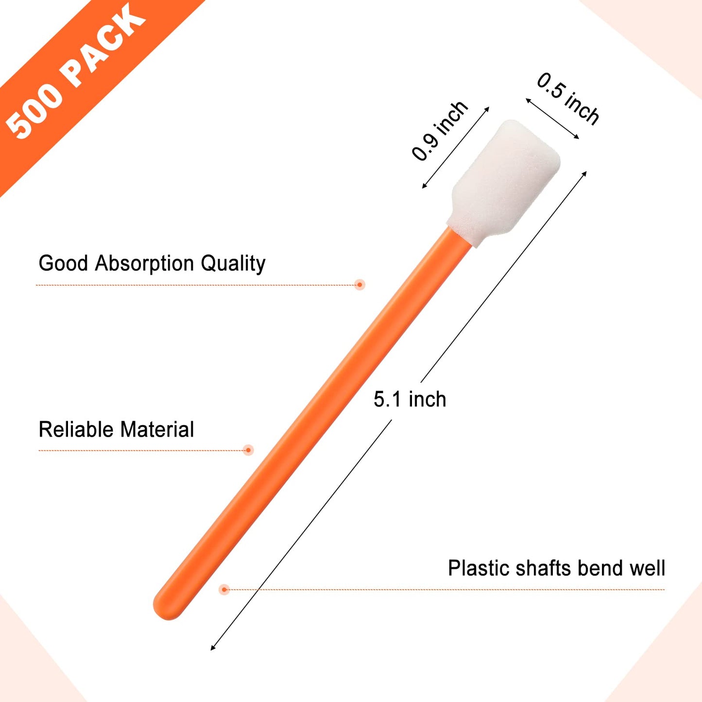 500 Pack Cleaning Swabs 5.1 Inch, Foam Tips Sponge Sticks for Printer, Electronics, Camera, Optical Lens, Sewing Machine(Orange)