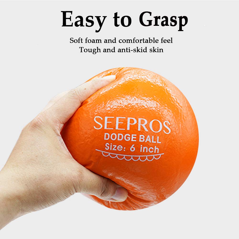SEEPROS Foam Dodgeball Set - Soft Skin, Low Bounce, Set of 6 with Mesh Storage Bag for Kids and Adults(6 inch)