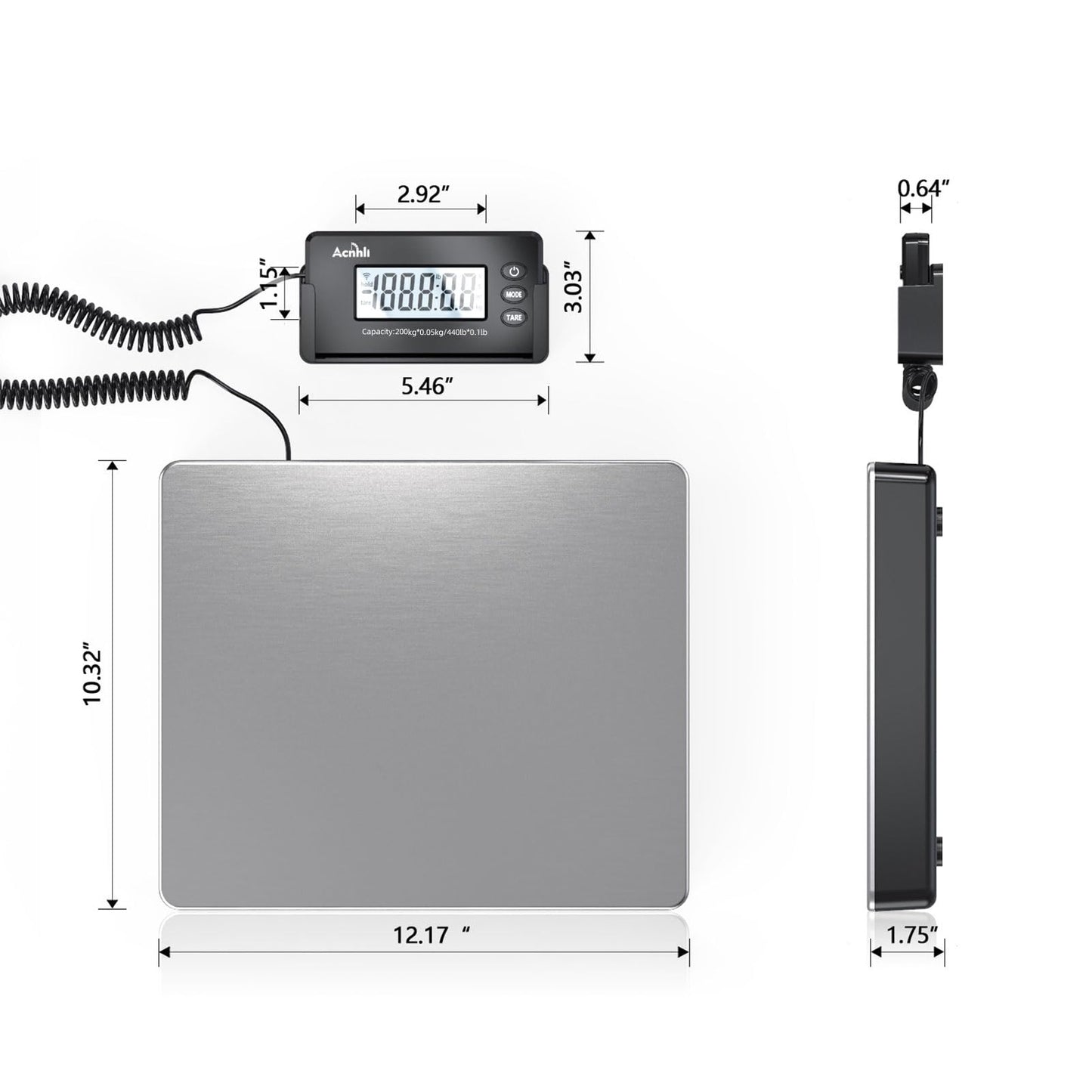 ACNHLI Heavy Duty Shipping Scale,440 LBS high Precision Hidden Wall Mounted Display, Portable Multi-Function Weighing Scale for Warehouse/Office/delivery Company, Includes Adapter and Product Manual