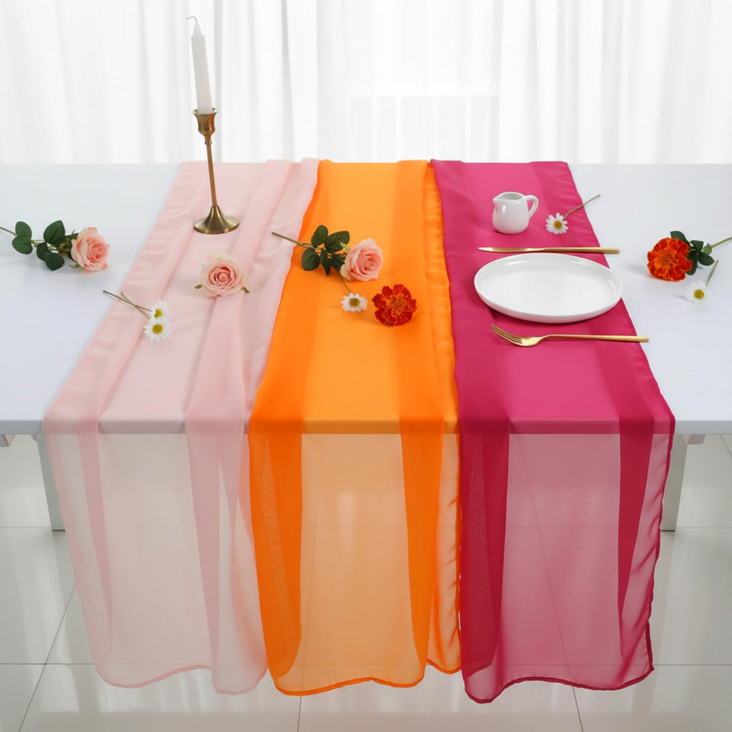 Boao 12 Pcs Red Pink Orange Party Decorations Table Runner Cloth 10Ft Boho Sheer Rustic Fabric Sunset Soiree Party Decorations for Wedding Birthday Baby Bridal Shower Graduation Dawn Sunset Decor