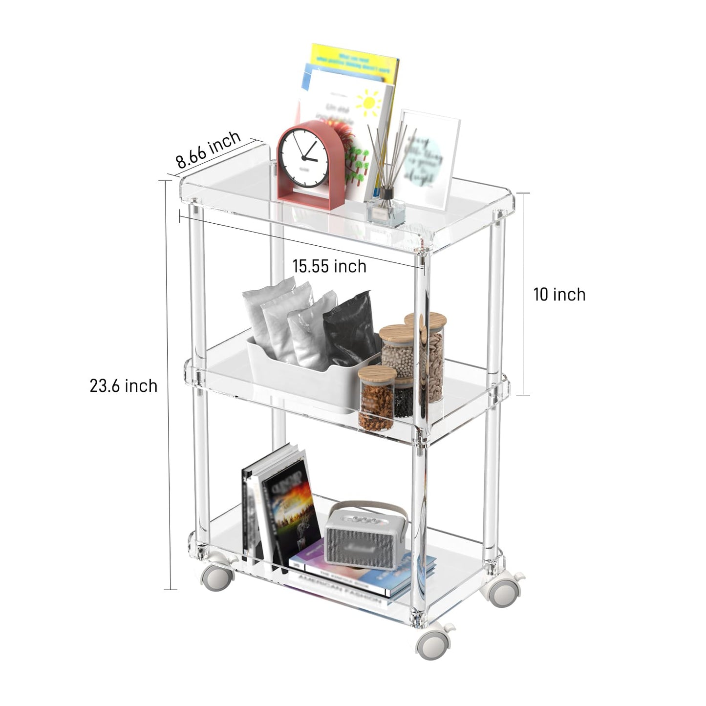 Aquiver Acrylic Slim Storage Cart - 3 Tier Utility Rolling Cart - for Kitchen, Bathroom, Living Room, Laundry, Narrow Places - 15.6'' L x 8.7'' W x 23.6'' H