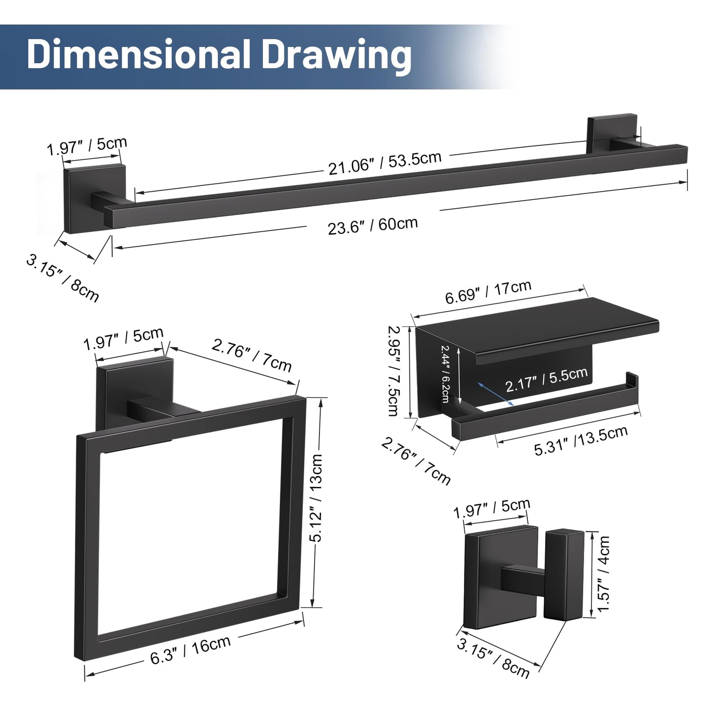 TURS 5-Pieces Matte Black Bathroom Hardware Accessories Set 23.6" Towel Bar Set Wall Mounted Square Toilet Paper Holder with Shelf Stainless Steel