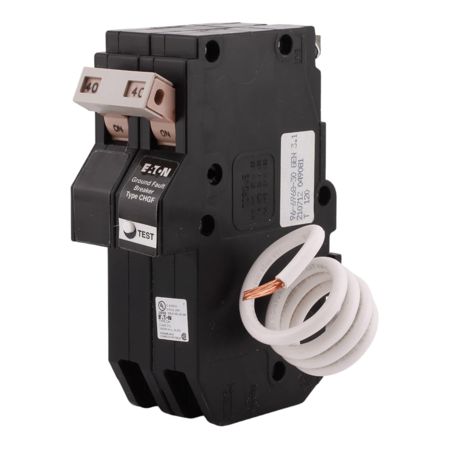 CHN240GF 40 Amp Double Pole GFCI Ground Fault Circuit Breaker, Pigtail Neutral, 240V, 10kAIC, UL Listed (1)