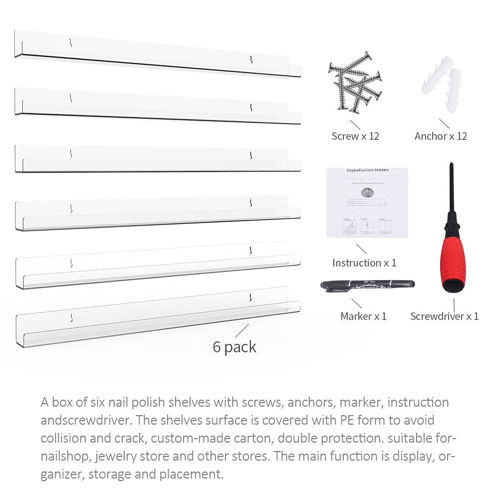 Sezanrpt Clear Nail Polish Organizer Wall Mounted, 24 Inches Acrylic Shelf for 150 Bottles, 6 Pack