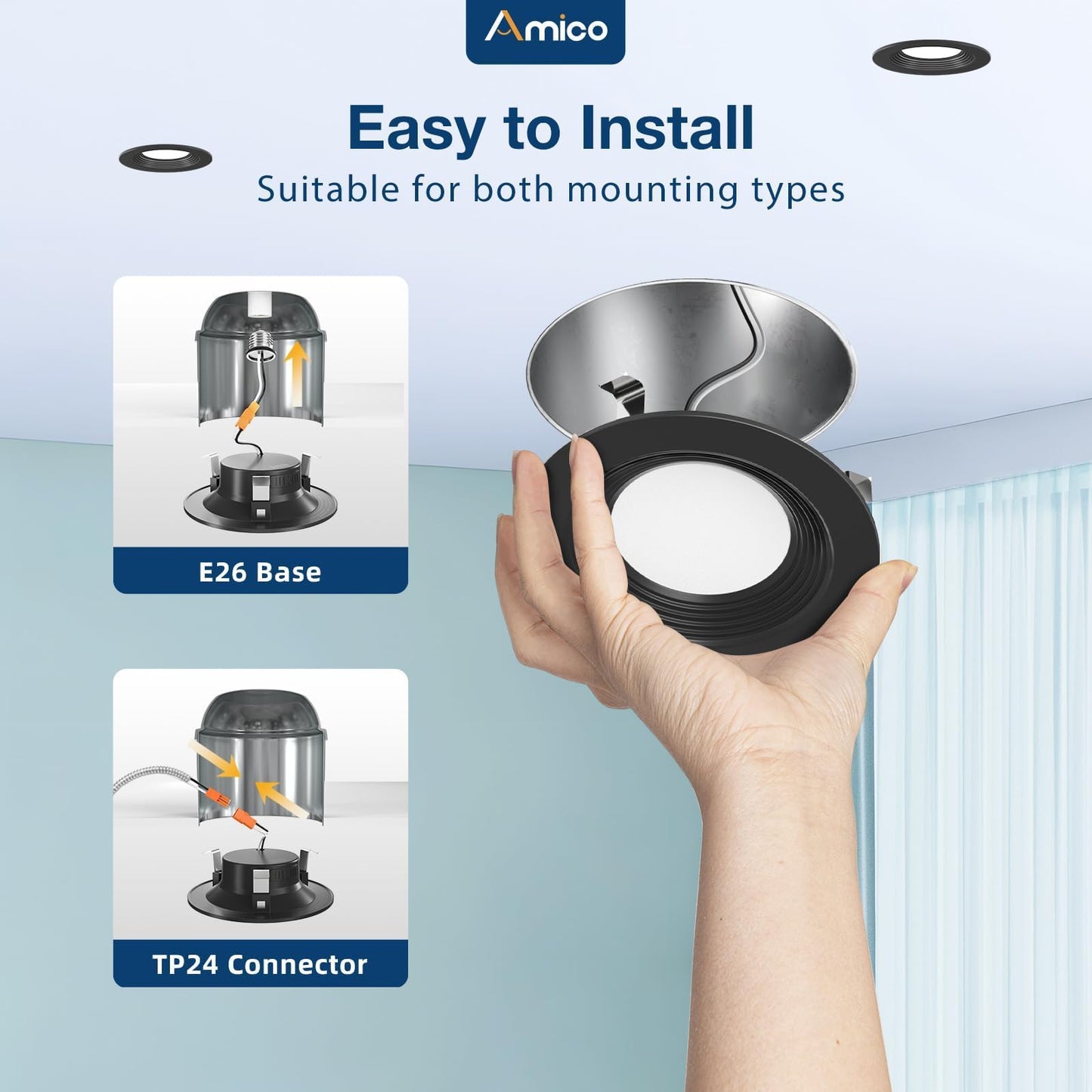 Amico 4 Inch 5CCT LED Recessed Lighting 12 Pack, Dimmable, Damp Rated, 8.5W=60W, Can Lights with Baffle Trim, Retrofit Installation, ETL&FCC, Black
