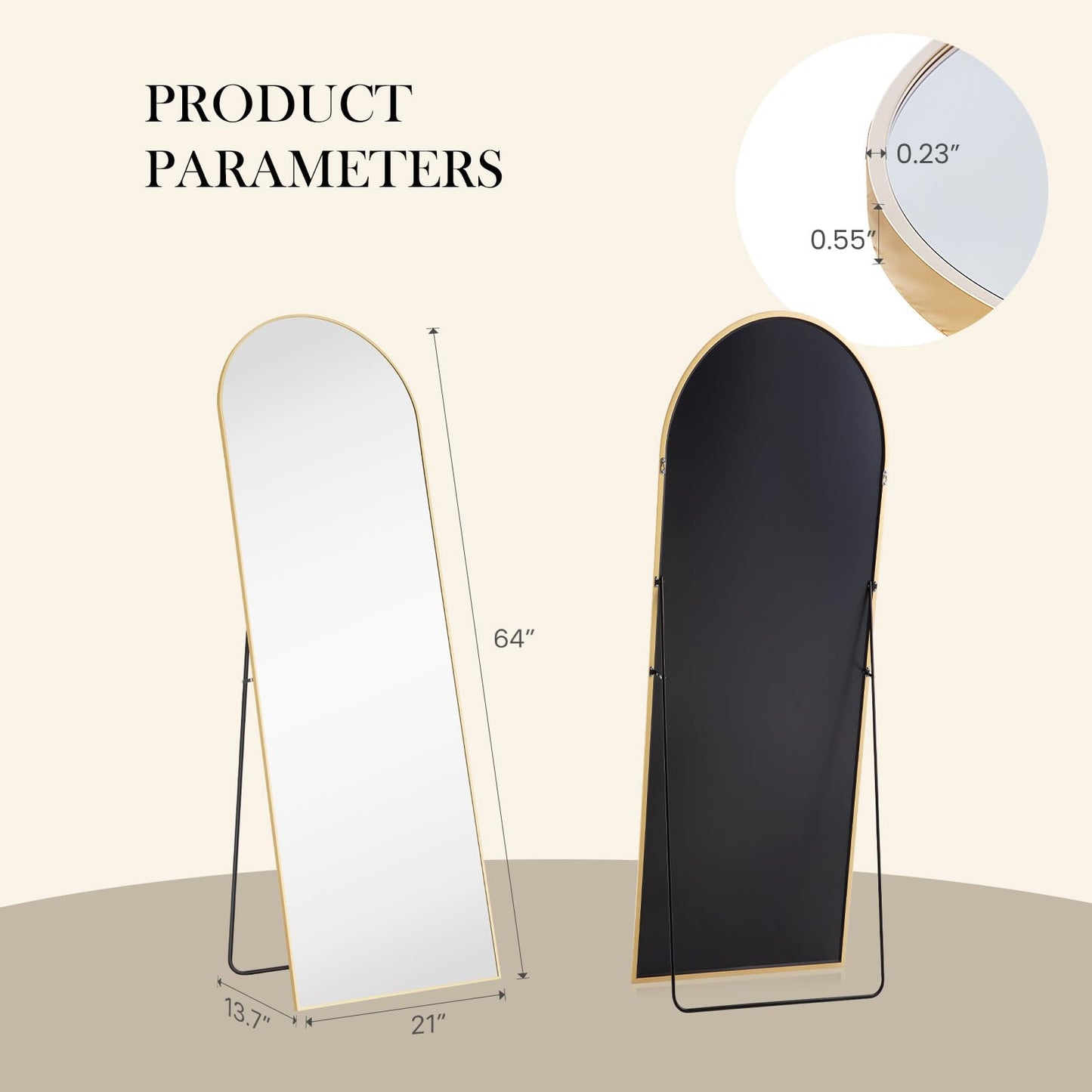 NEWBULIG 64"x21" Arched Full Length Mirror, Full Body Floor Mirror with Aluminum Alloy Thin Frame, Wall or Standing Mirrors for Bedroom, Living Room, Dressing Room, Gold