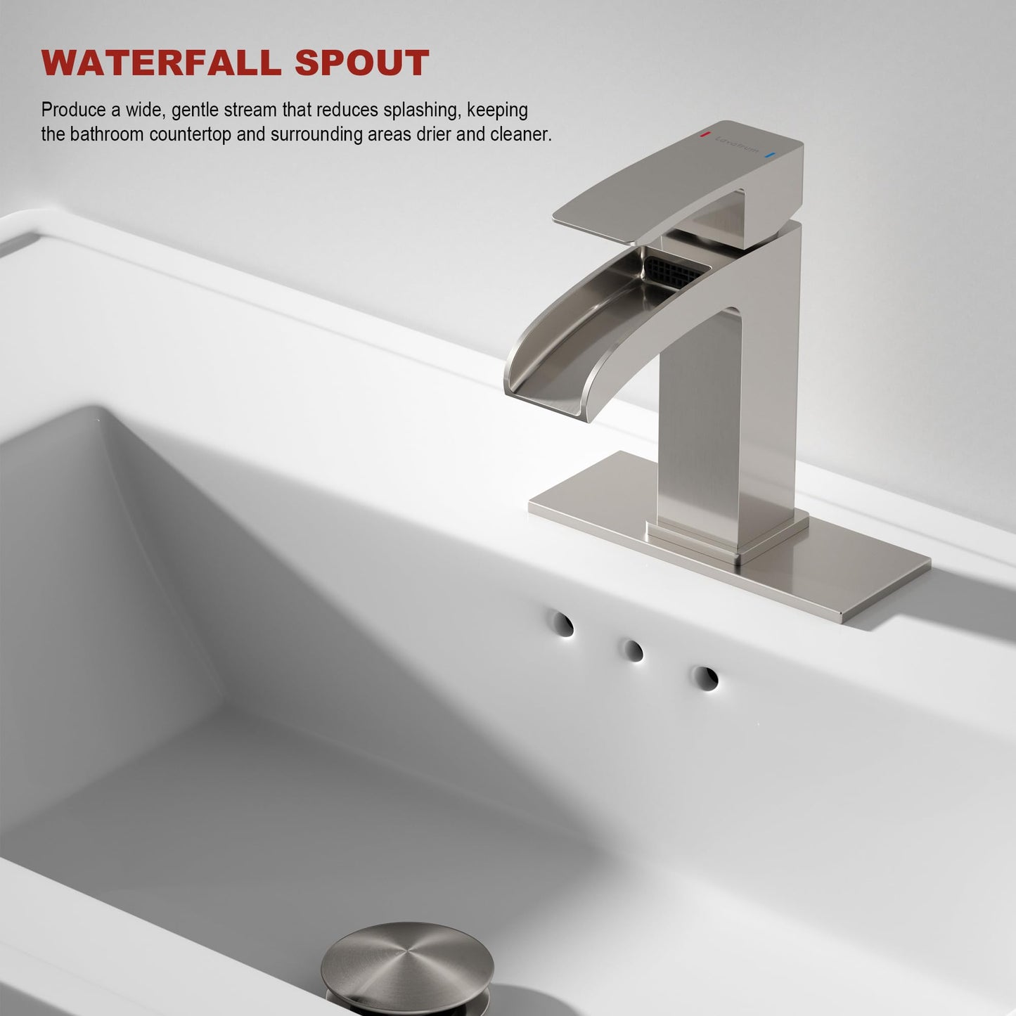 Lavatrum Brushed Nickel Bathroom Faucet Waterfall, Vanity Faucet Brass for Sink 1 Hole Single Handle Modern Mixer Tap with Pop-up Drain Stopper for Lavatory Farmhouse RV