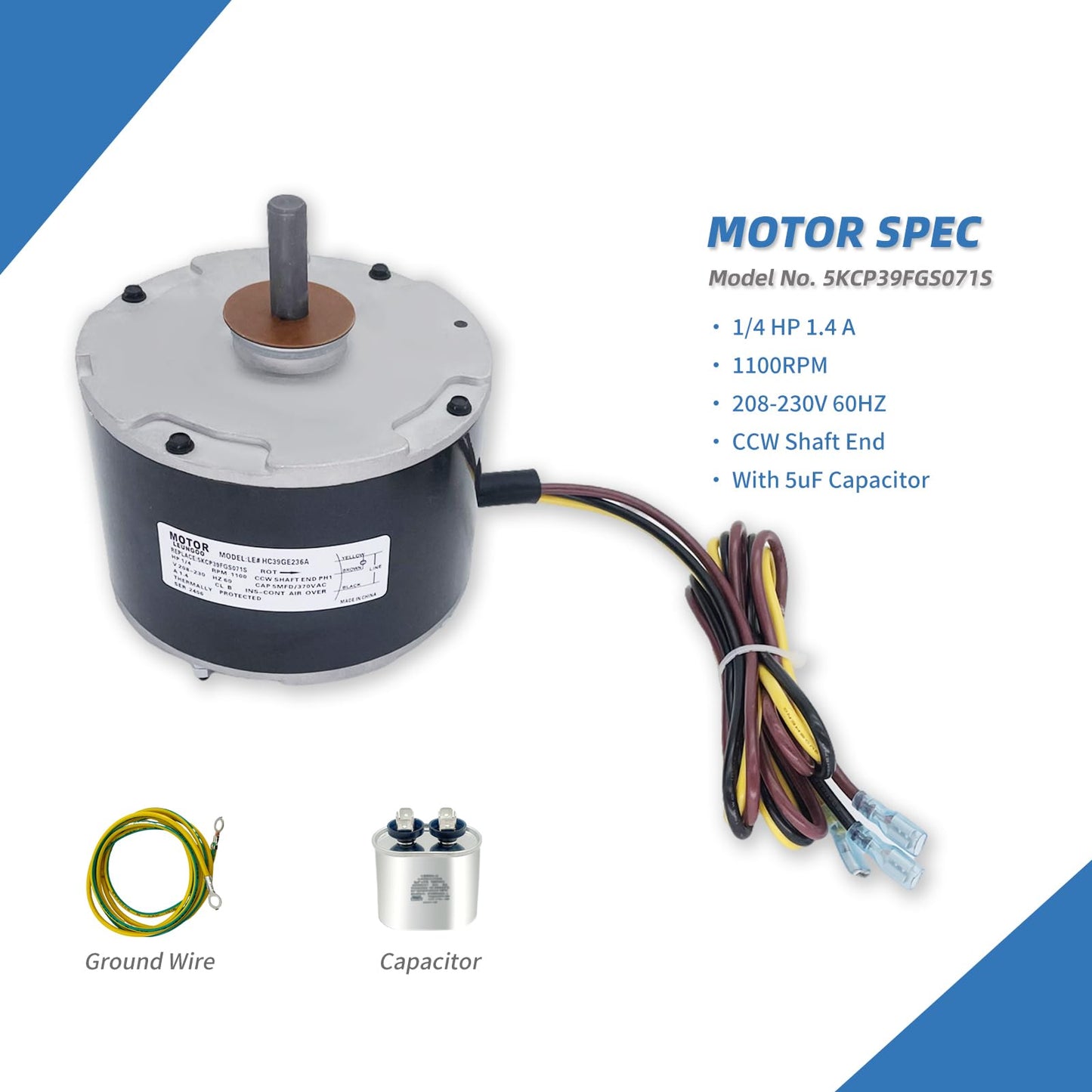 5KCP39FGS071S Fan Motor Replaces GE genteq Carrier 3905 5KCP39BGS071S 1/4HP 208-230V 1100RPM Upgraded LEUNGOO