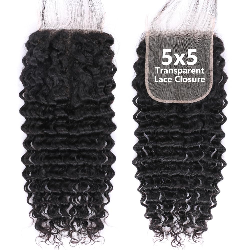 5x5 HD Lace Deep Wave Ultra-thin Transparent Lace Closure 12A Brazilian Virgin Human Hair Closure Free Part Pre Plucked with Baby Hair Natural Black 16 Inch