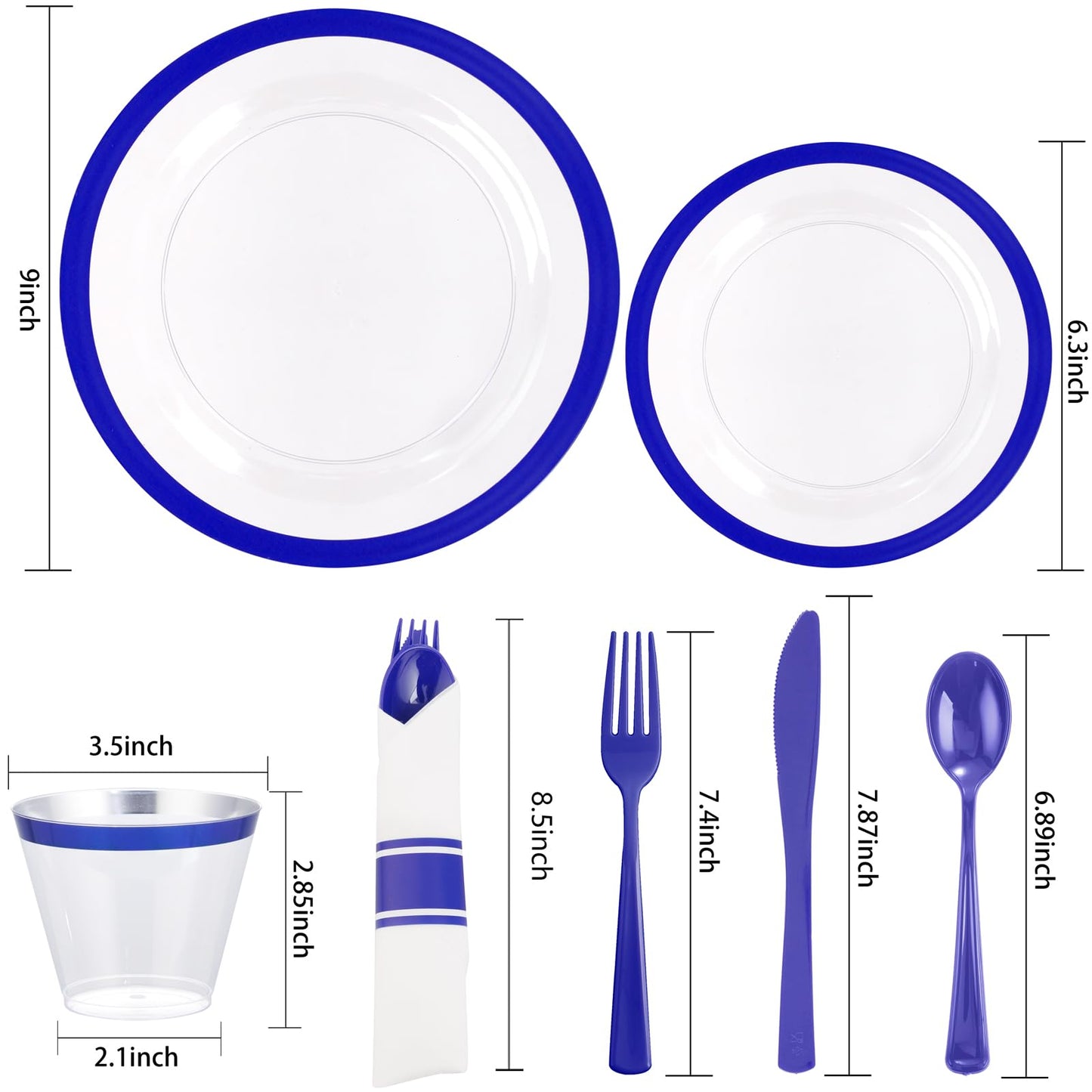 Liacere 350PCS Blue Plastic Plates - Clear with Blue Trim for 50Guests Dinnerware Include 100 Clear Plates disposable 150 Silverware 50Napkins for Wedding&party&Graduation&Independence Day