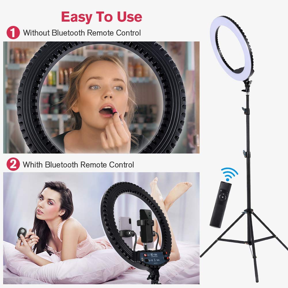 18 inch LED Ring Light with Tripod Stand Dimmable Makeup Selfie Ring light for Studio Portrait YouTube Vlog Video Shooting with Carrying Bag and Remote Controller, CRI 90