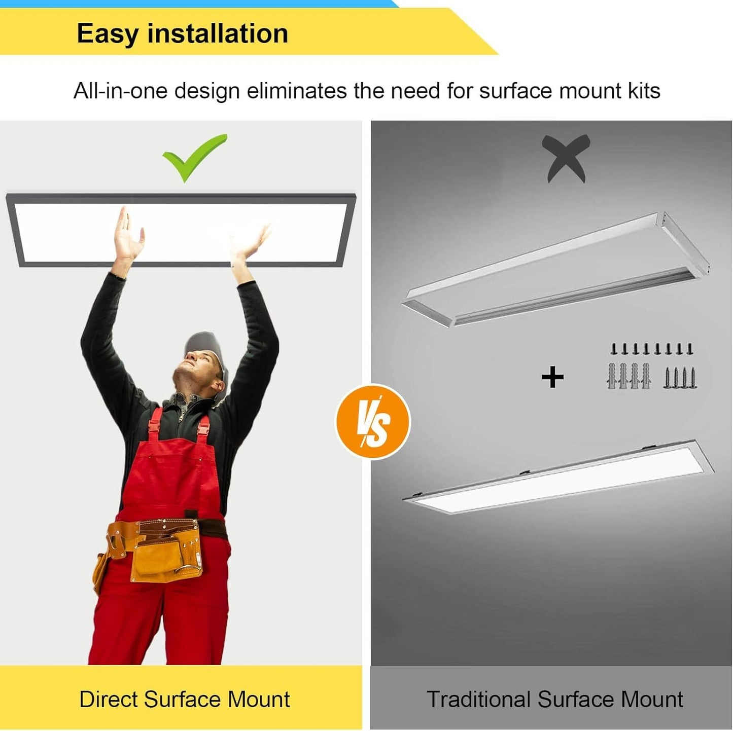 AIKVSXER 1x4 LED Flat Panel Light Surface Mount LED Ceiling, 5500LM 50W TRIAC 10-100% Dimmable, 3000/4000/5000k Selectable Kitchen Ceiling Light Fixtures for Garage/Laundry Black-1PACK