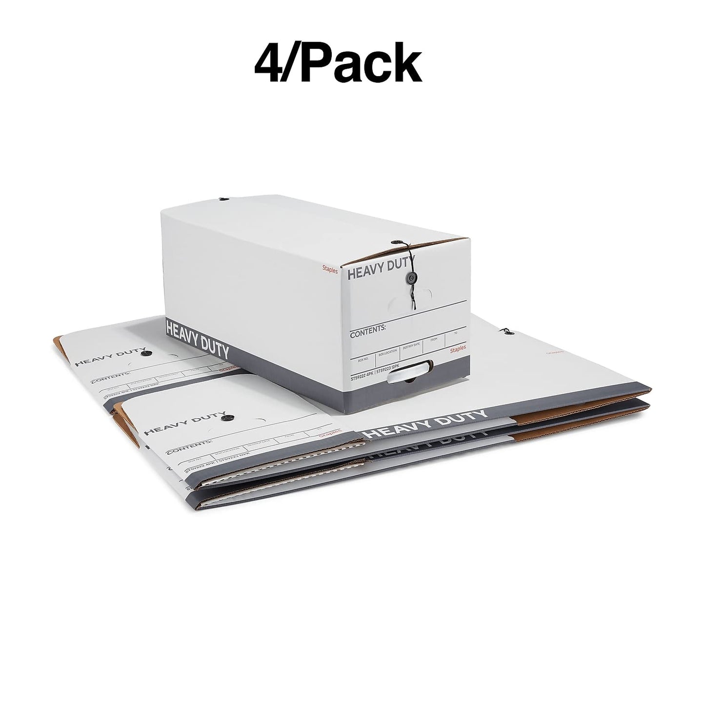 STAPLES Storage & Filing Box, Heavy-Duty with Handles & String-Button Lid, Letter Size Documents, Stackable, 4-Pack, White/Gray