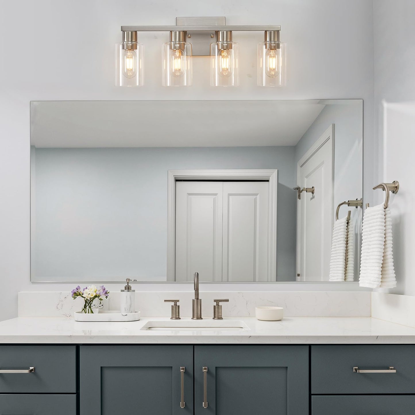 DIDUIO 4 Light Bathroom Vanity Light Brushed Nickel Vanity Lights for Bathroom Modern 4-Lights Wall Sconce with Clear Glass Shade for Bedroom Living Room