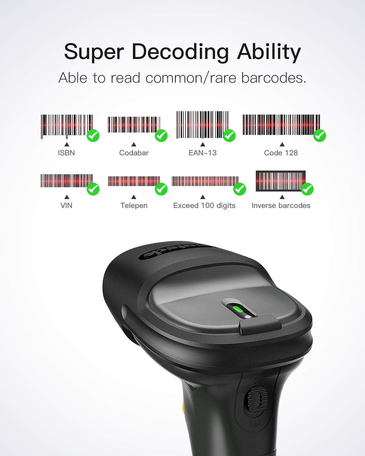 Inateck Super Wireless Barcode Scanner, Transmission Range Up to 330ft, Wireless Adapter and Build-in Bluetooth, Working Time Approx. 30 Days, with Vibrating Function, Pro 7