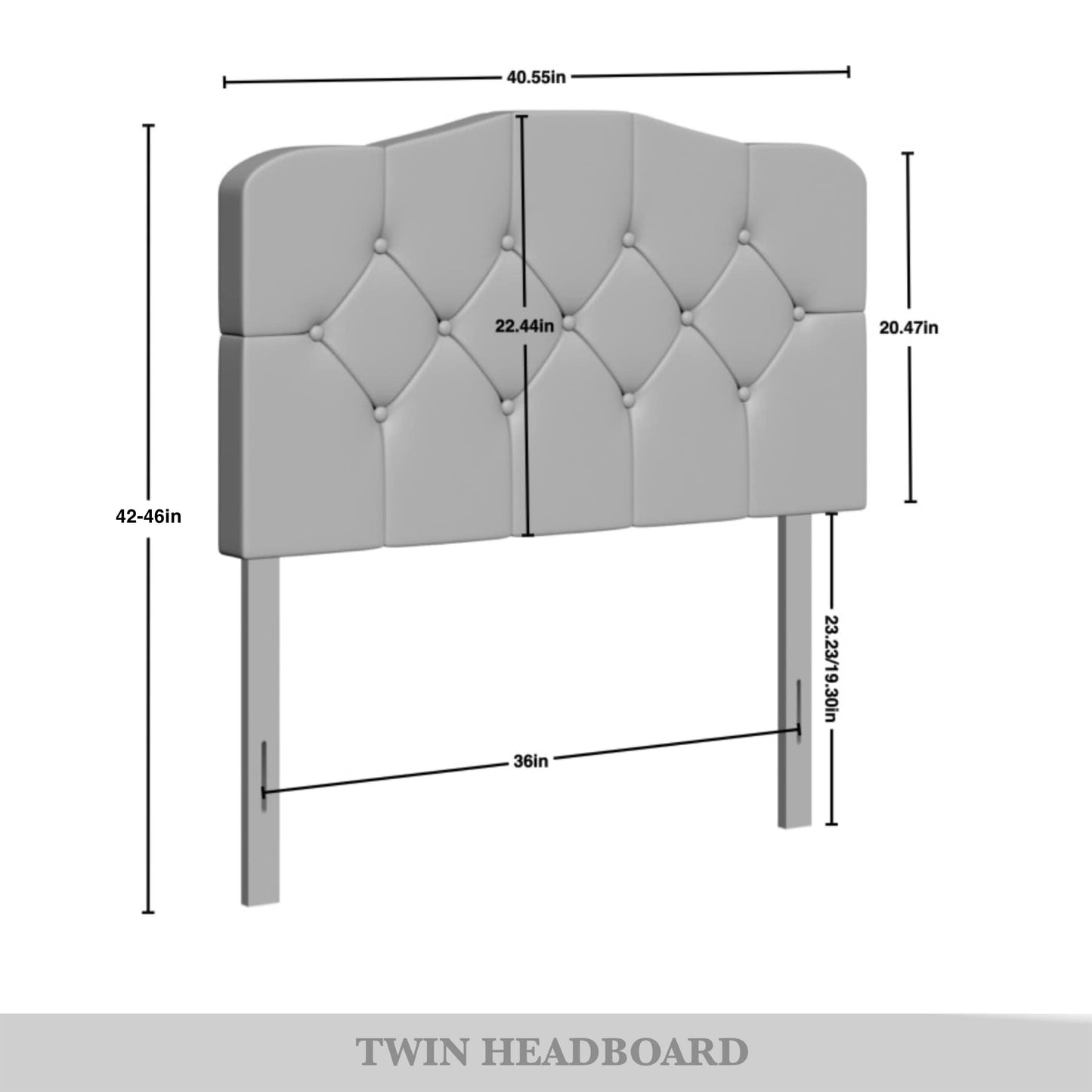 Castle Place Twin Crystal Diamond Button Tufted Velvet Upholstered Adjustable Headboard, Light Grey