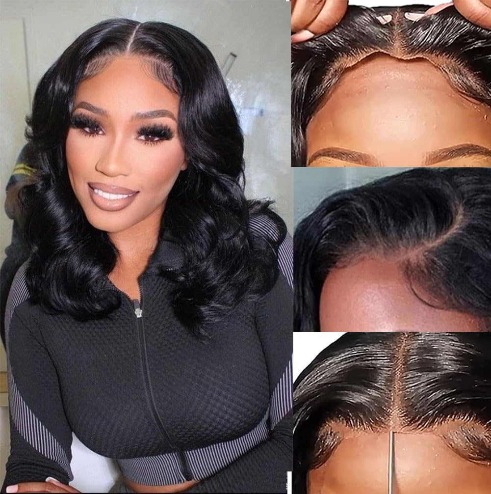 BLOCKICE Wear and Go Glueless Bob Wigs Human Hair Pre Plucked Body Wave Lace Front Wigs 14Inch