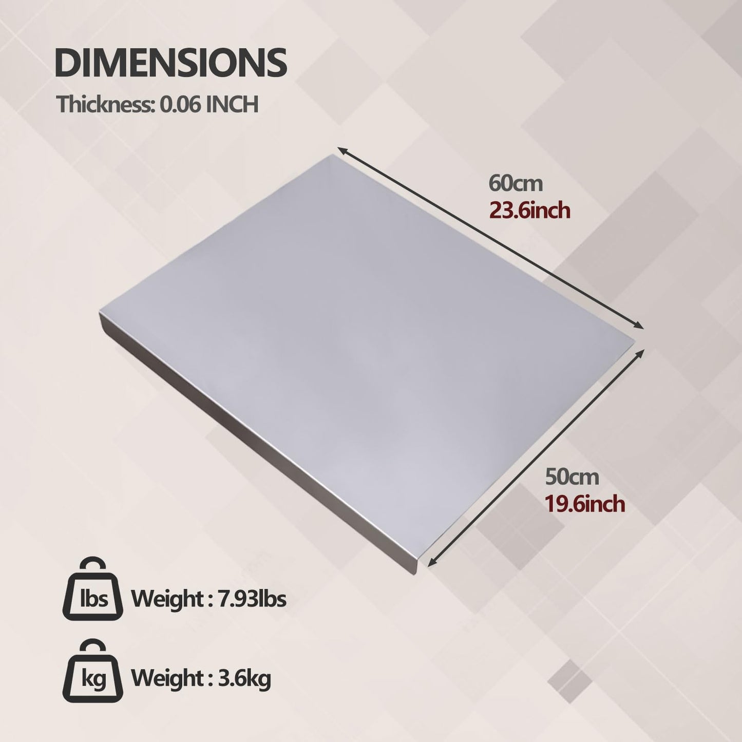 Stainless Steel Kitchen Cutting Board, 304 Stainless Steel, Double-Sided for Separation, Baking and Pizza Making (19.6×23.6×0.06")