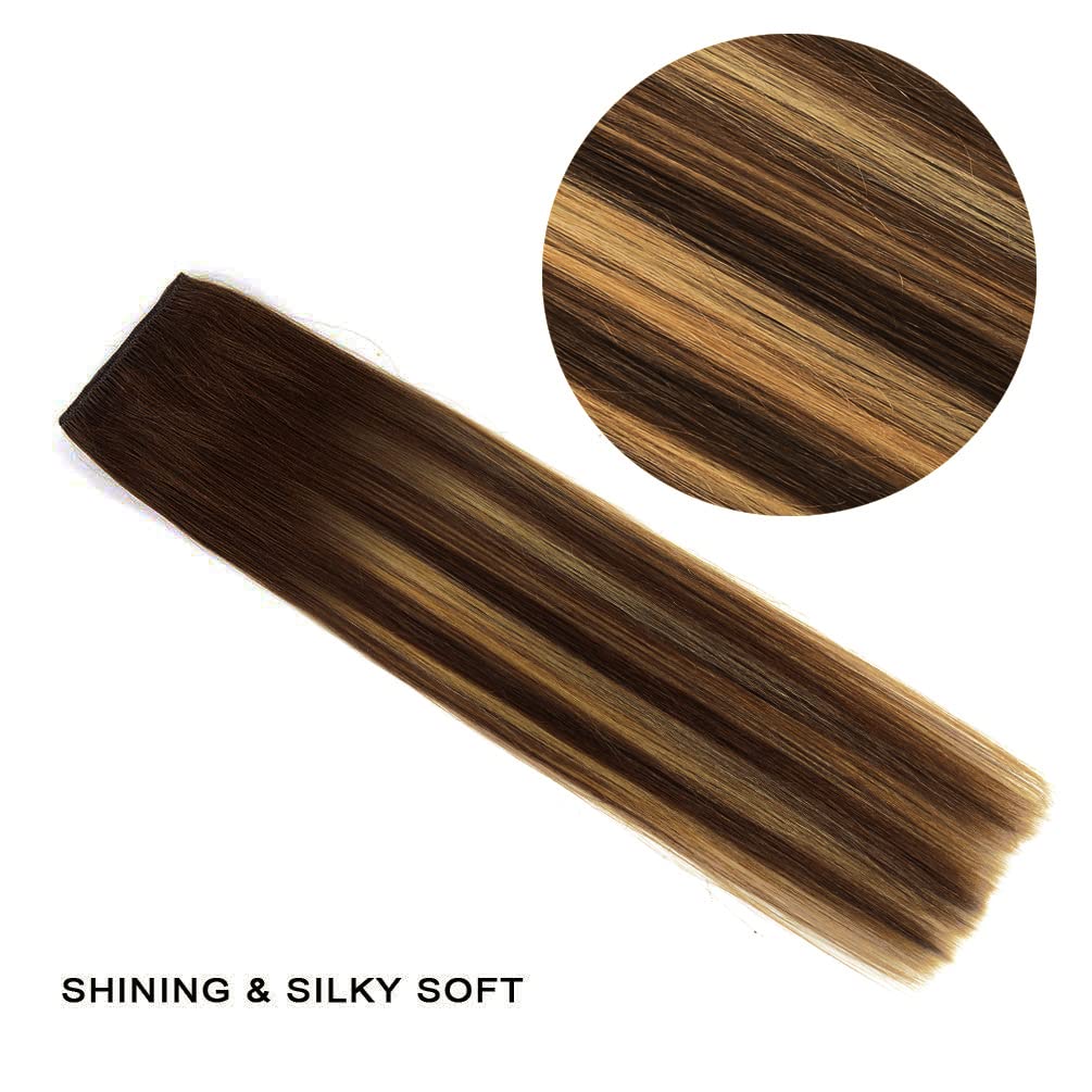 14" Clip in Hair Extensions Balayage Human Hair for Women - 4pieces Silky Straight Chocolate Brown to Honey Blonde Highlight Brown Ombre Hair 50grams #(4T27) P4 Color