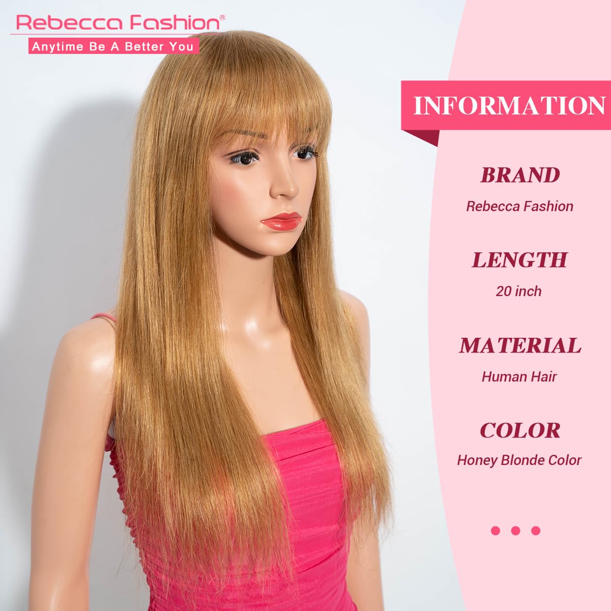 Rebecca Fashion 20 Inch Honey Blonde Straight Wigs with Bangs Human Hair Wigs for Black Women None Lace Front Wigs 10A Brazilian Virgin Hair Glueless Machine Made Wig
