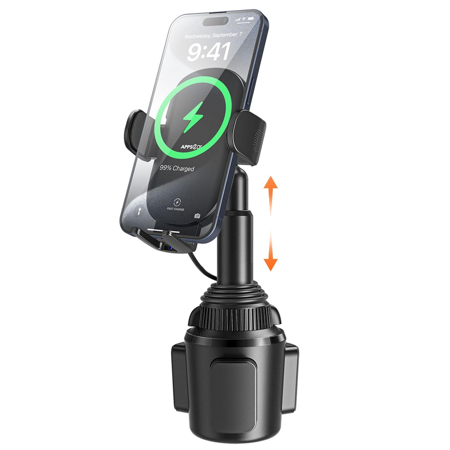 APPS2Car Solid Cup Holder Phone Mount for Car Wireless Charger 15W with Quick Extension Long Arm Fast Swivel Adjustable Height 360 Rotatable Low Profile for iPhone 15 Pro Max Plus 14 13 12 11 XS X