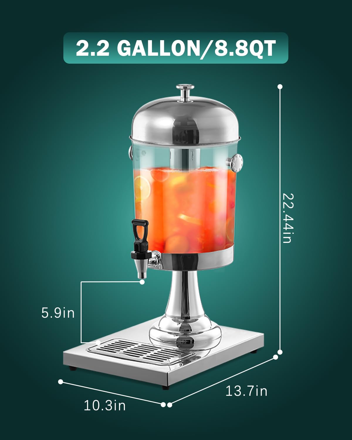 2 Gallon Beverage Dispenser with Stand, Easy-to-Clean Drip Tray Design, Juice Dispenser with Ice Core, Hot & Cold Versatile Stainless Steel Drink Dispensers for Parties Home Lemonade, Clear