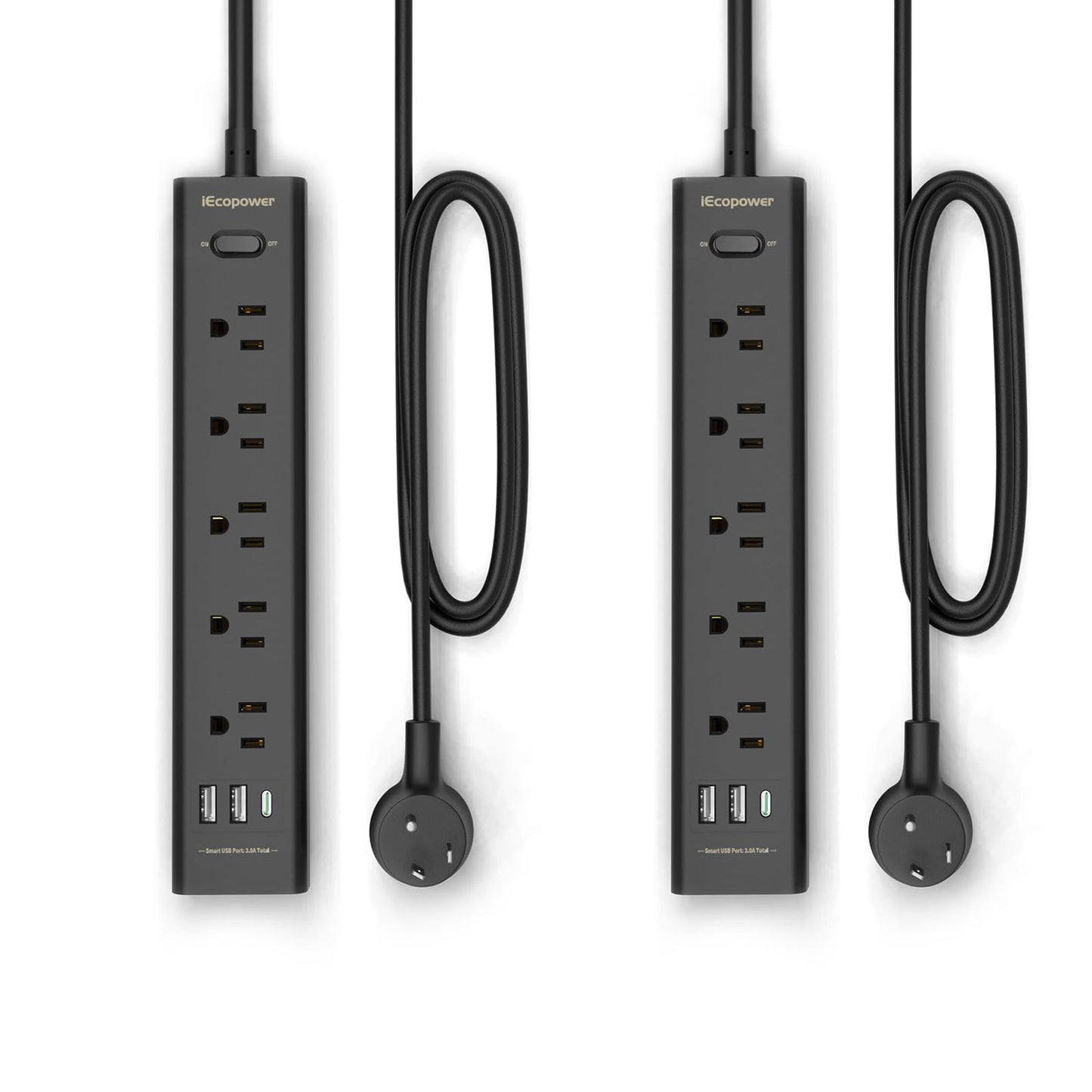 10FT Long Surge Protector Power Strip-with 5 Widely Outlets and 3 USB Ports(1 USB C Port),10 Foot Extension Cord(1250W/10A),Wall Mount for Home Office,700 J,Black(2 Pack)