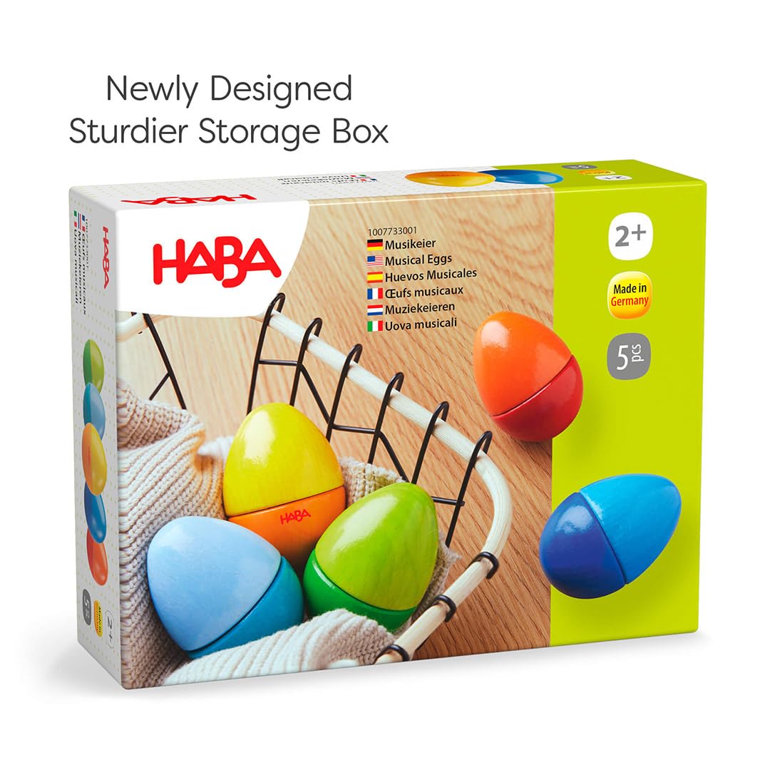 HABA Musical Eggs - 5 Wooden Eggs with Acoustic Sounds, Made in Germany, Kids Musical Instruments, Montessori Toys, Learning Toys & Music Play 2 yrs+