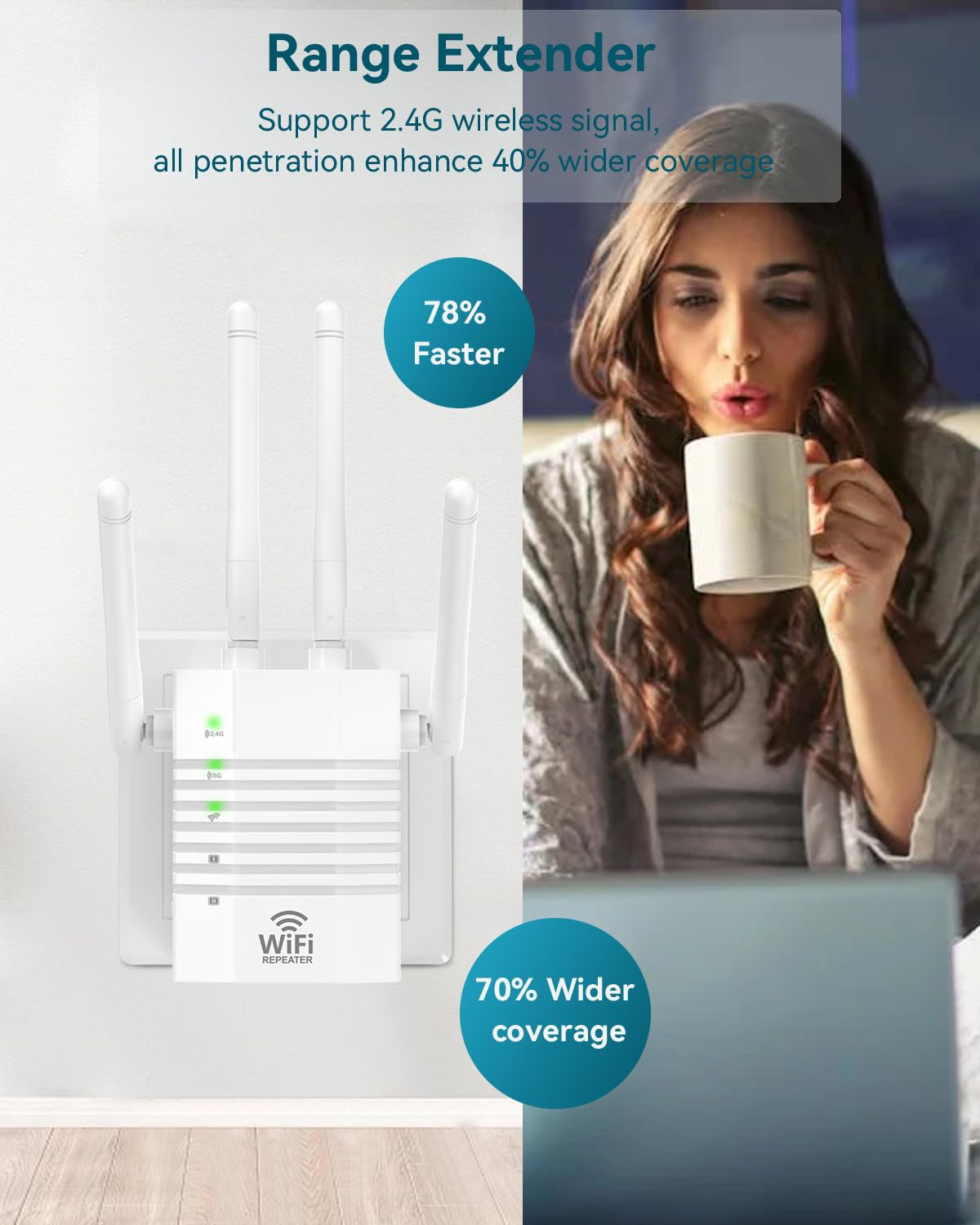 AOOEPU 1200Mbps Dual - Band WiFi Extender Signal Booster, WiFi Extender with 4 Antennas, WiFi Booster Covers Up to 12880 Sq.ft & 105 Devices, WiFi Repeater with Wall - Plug Signal Booster for Home