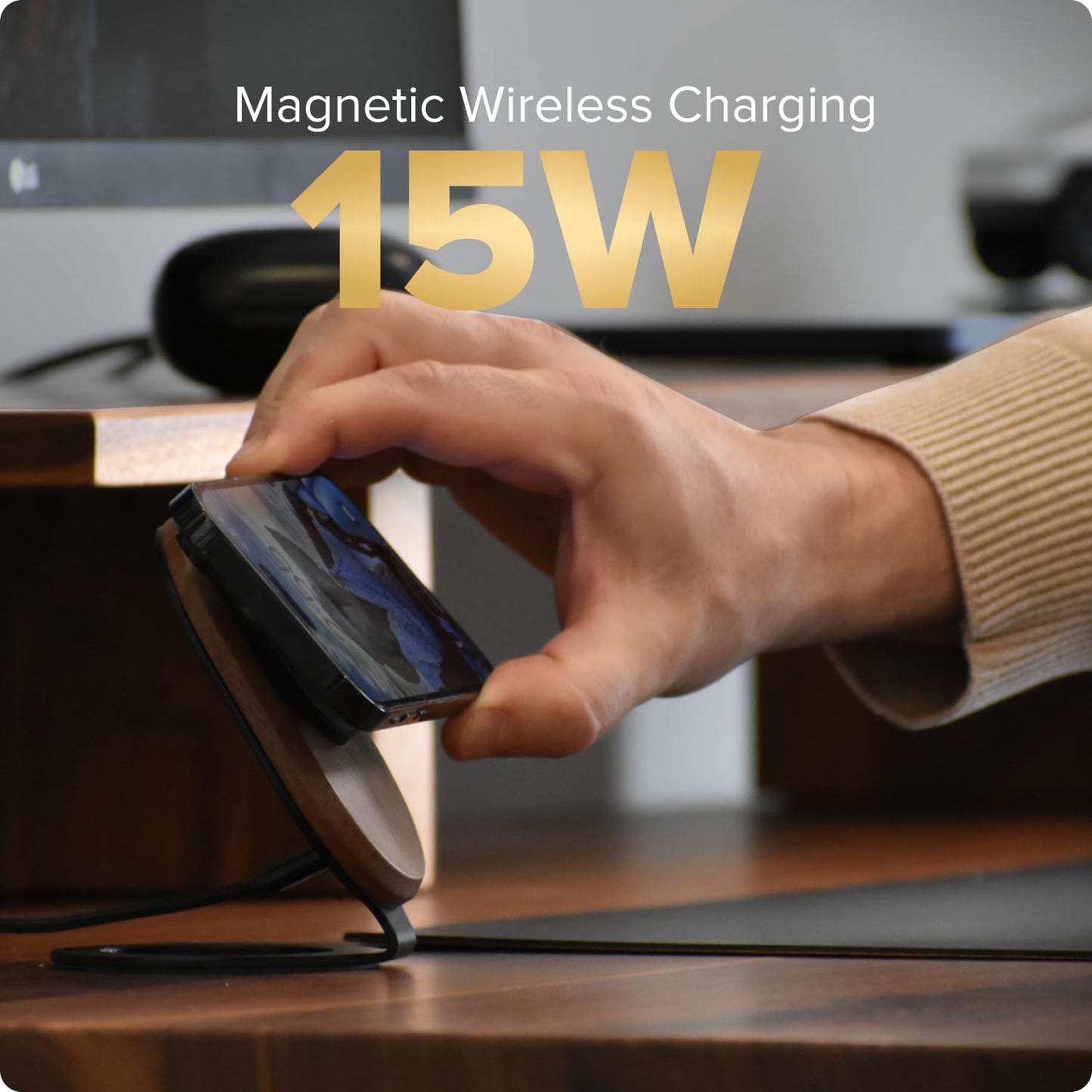 ARK Solid Wood MagSafe Stand Magnetic Wireless Charging Station w/Adapter & USB to USB C Cord 15W Wireless Charger. for iPhone 16/15/14/13/12 & Some Samsung. Home, Office, Kitchen. Best Mens Gifts!