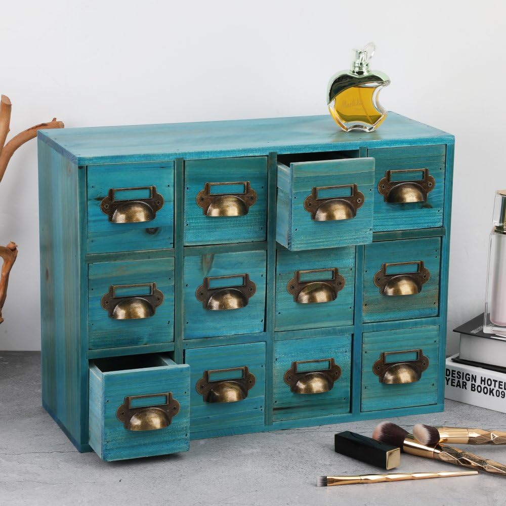 Apothecary Drawers Card Catalog Cabinet with 12 Drawers Wooden Card Catalog Wooden Storage Box for Desktop Organizer (Blue)