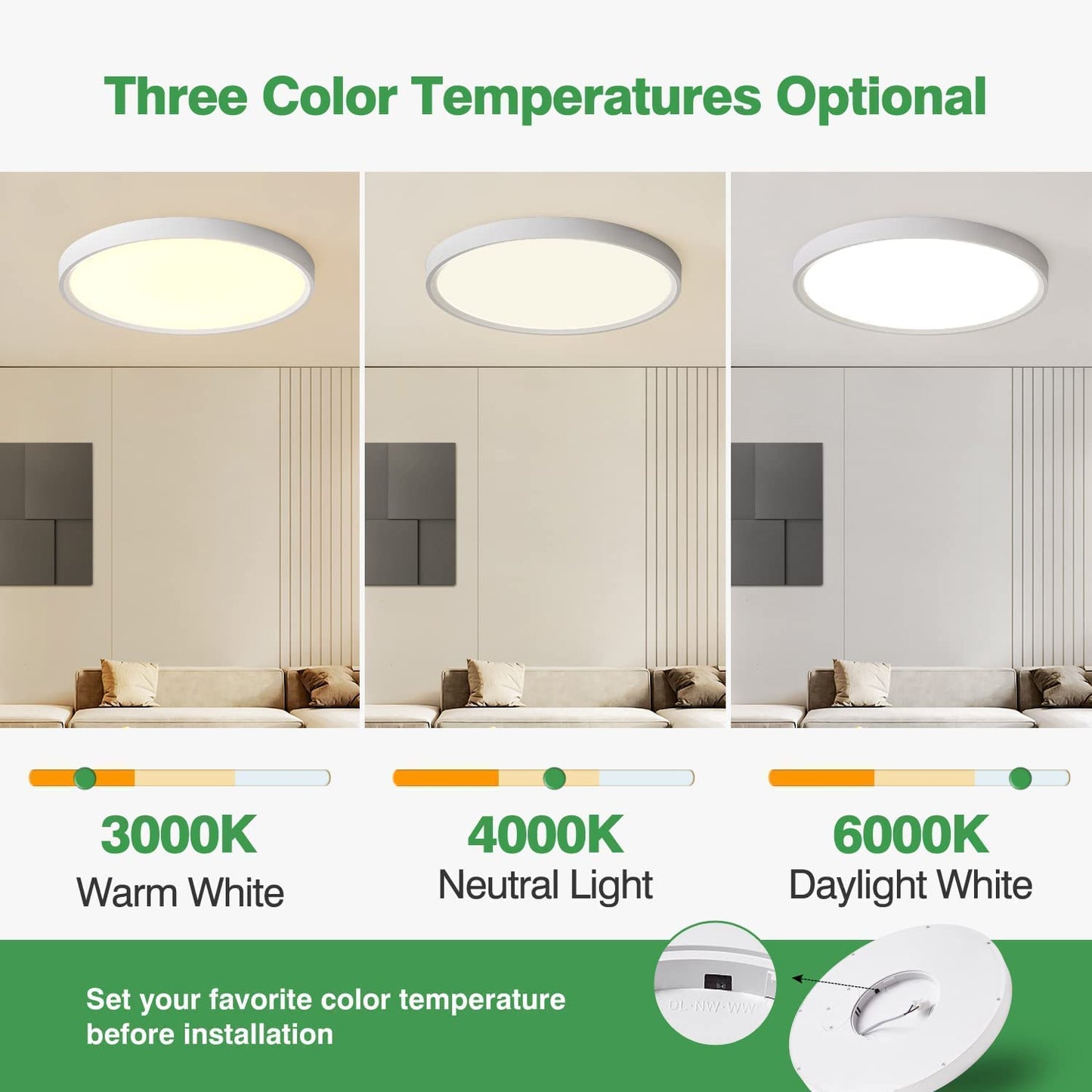 6PK 12 Inch LED Flush Mount Ceiling Light, 24W, 2520LM, 3000K/4000K/6000K CCT Selectable, Round Flat Panel Light Low Profile Ceiling Light Fitures for Hallway, Kitchen, Bedroom, Laundry Room