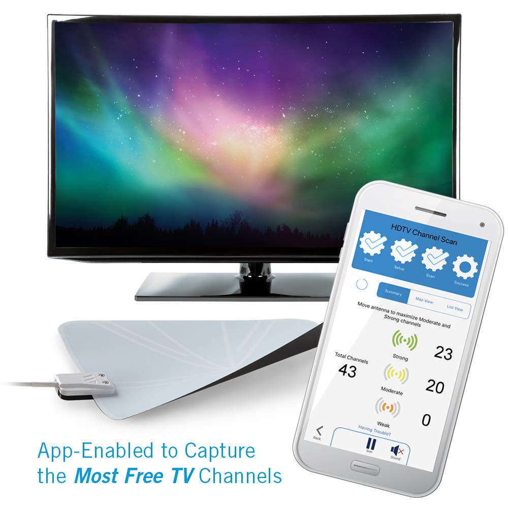 Winegard FlatWave Amped Pro HDTV Indoor TV Antenna – Bluetooth Signal Meter, Integrated Channel Finder, Up to 60 Mile Range, TH-3000