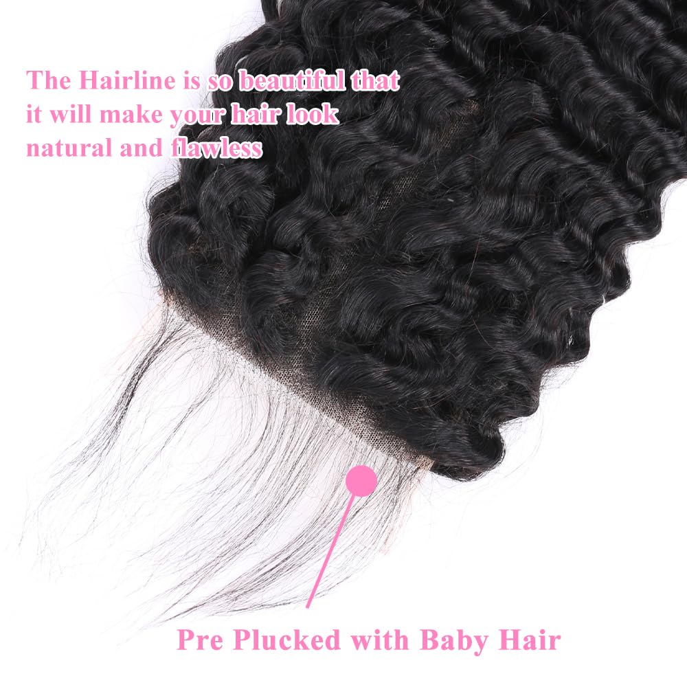 5x5 HD Lace Deep Wave Ultra-thin Transparent Lace Closure 12A Brazilian Virgin Human Hair Closure Free Part Pre Plucked with Baby Hair Natural Black 16 Inch