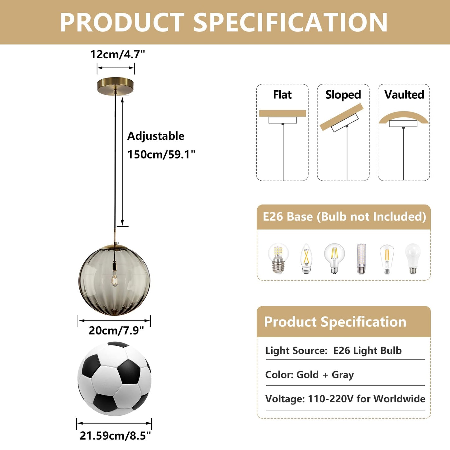 KCO Lighting Mid Century Modern Globe Pendant Light Smoke Mini Vintage Grey Glass Pendant Lighting 1-Light Single Globe Chandelier Farmhouse Kitchen Island Light Fixtures (Smoke Gray-7.9”)