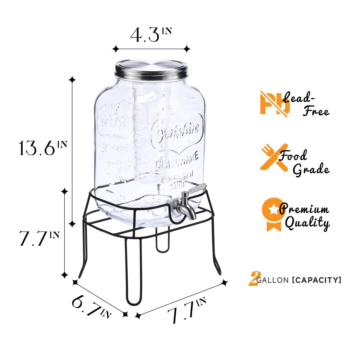2 Gallon Glass Drink Dispenser For Parties,Beverage Dispenser with Stand,Lemonade Dispenser with 18/8 Stainless Steel Spigot Leakproof for Sun Tea,Homemade Juice,Picnic