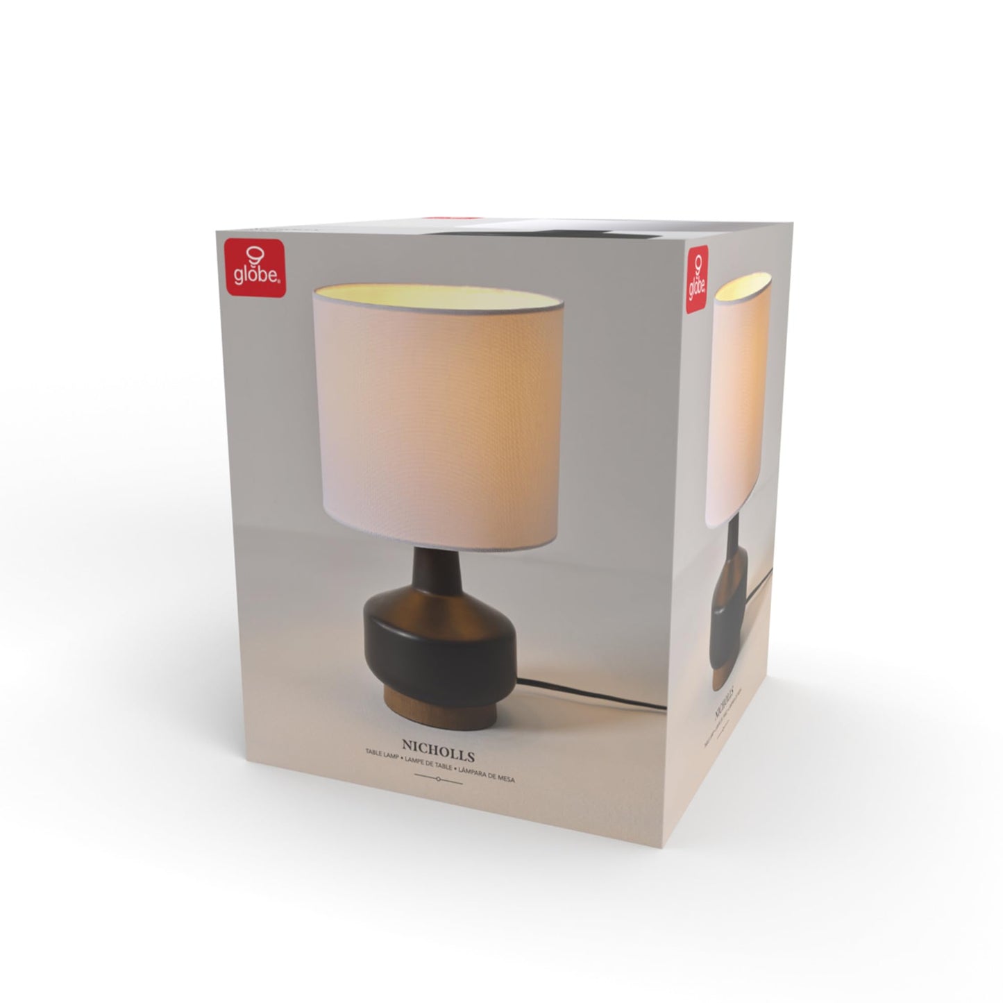 Globe Electric 15" Ceramic Table Lamp, Matte Black Base, Wood-Toned Accent, White Linen Shade, Dual Rotary Switch, Modern Bedroom or Office Lighting, 61000046
