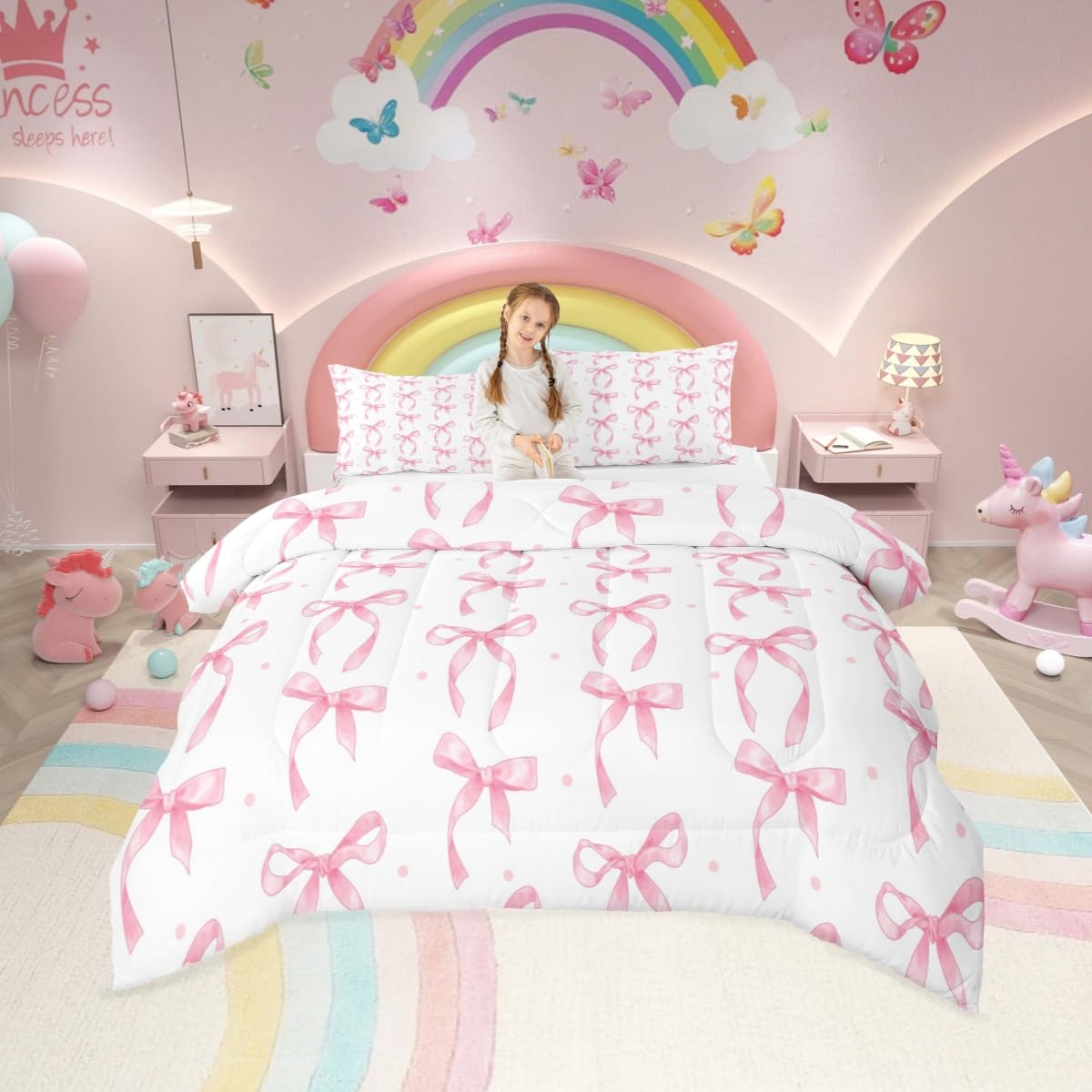 Erosebridal Cute Pink Bow Twin Bedding Set for Girls,Ribbon Bow Knot Comforter Set for Kids Kawaii Room Decor,Princess Bowknot Bed Set Girly Pink Bows Bedding Comforter Sets,1 Pillowcase
