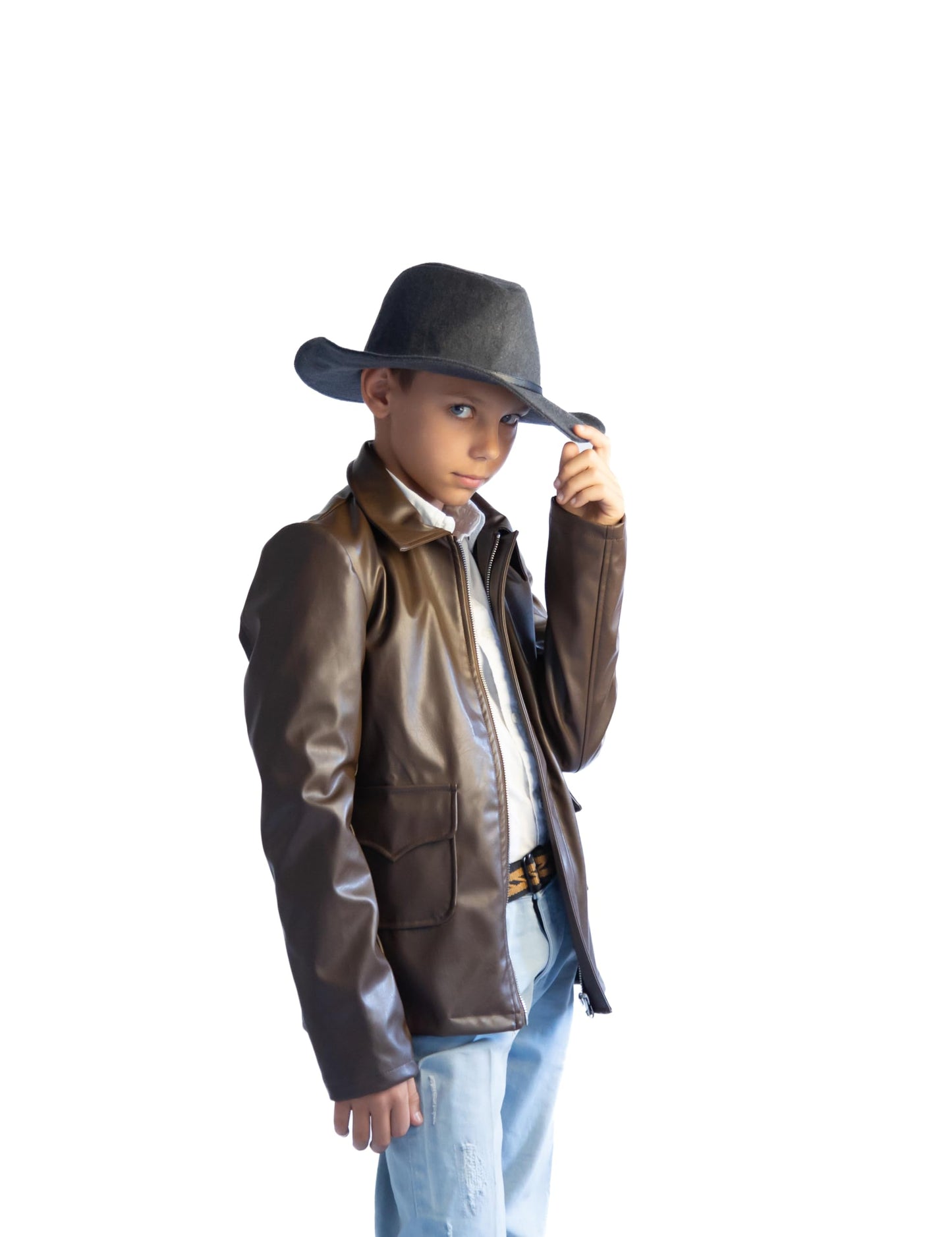 ComfyCamper Kids Teens Faux Leather Jacket Costume Brown – Jungle Explorer Archeologist Lightweight Bomber Racer, 8-10 Years