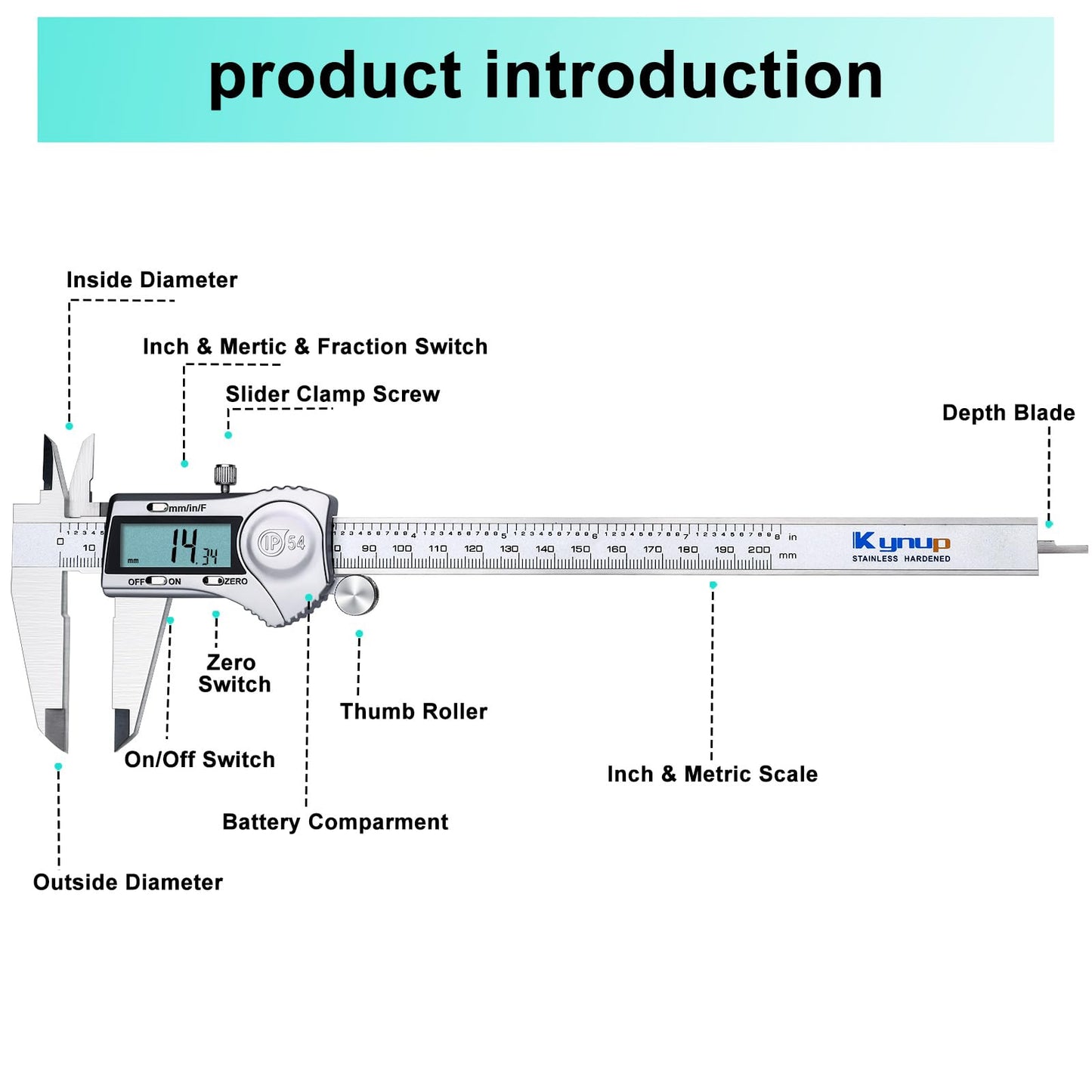 Kynup Digital Caliper, 8 Inch Caliper Measuring Tool with Stainless Steel, IP54 Splash Proof Protection Design, Easy Switch from Inch Metric Fraction, Large LCD Screen (200mm)