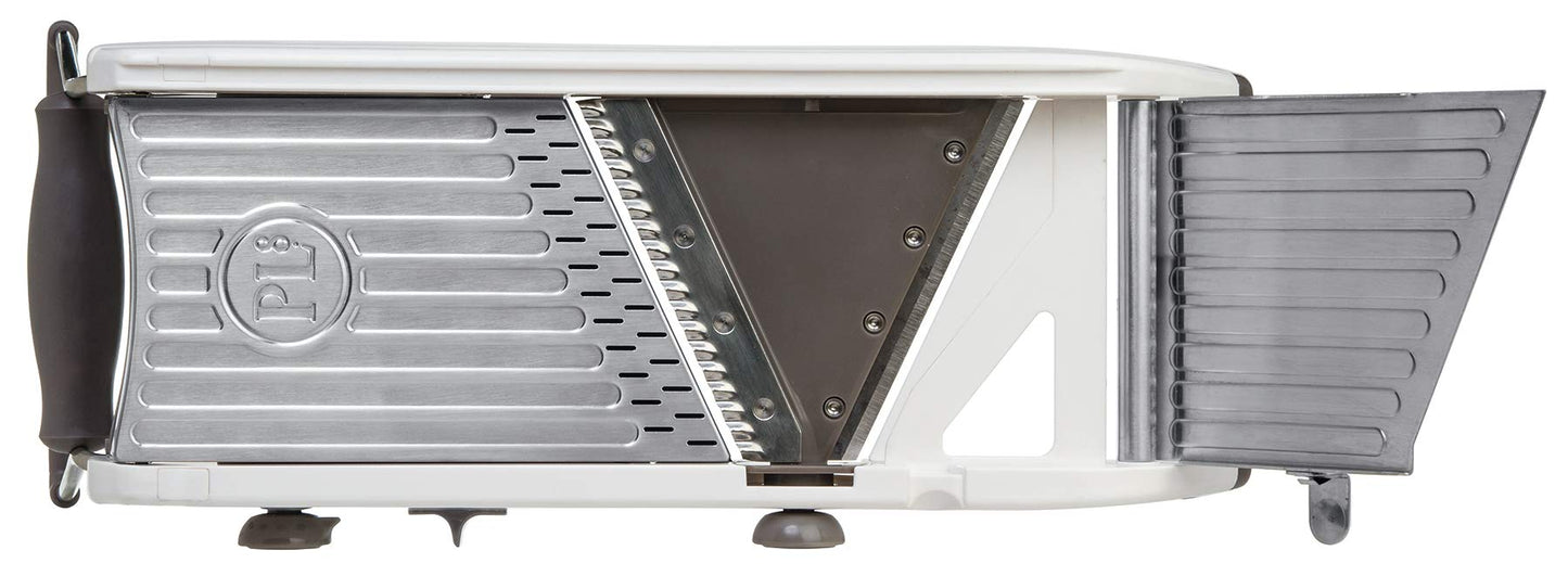 PL8 Professional Mandoline - Versatile Slicer with Adjustable Straight, Waffle, and Julienne Blades, Extra-Wide Stainless Steel Deck, Safety Hand Guard, Non-Skid Feet, and Space-Saving Design