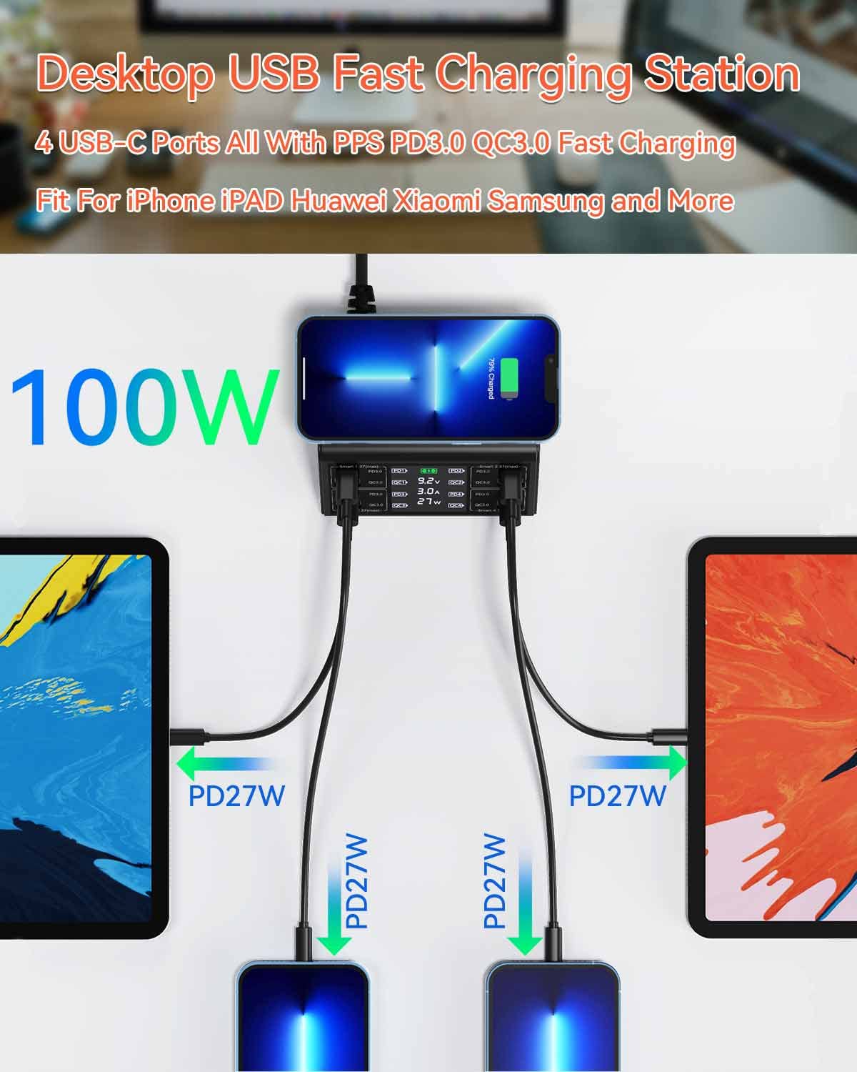 USB Charger, ASOMETECH 100W 8 Port Multiple USB Charging Station with 4 Quick Charge 3.0, 4 USB C PD Port, Wireless Charger, LCD Display Fast Charging Hub for iPhone 13 12 iPad Samsung and More