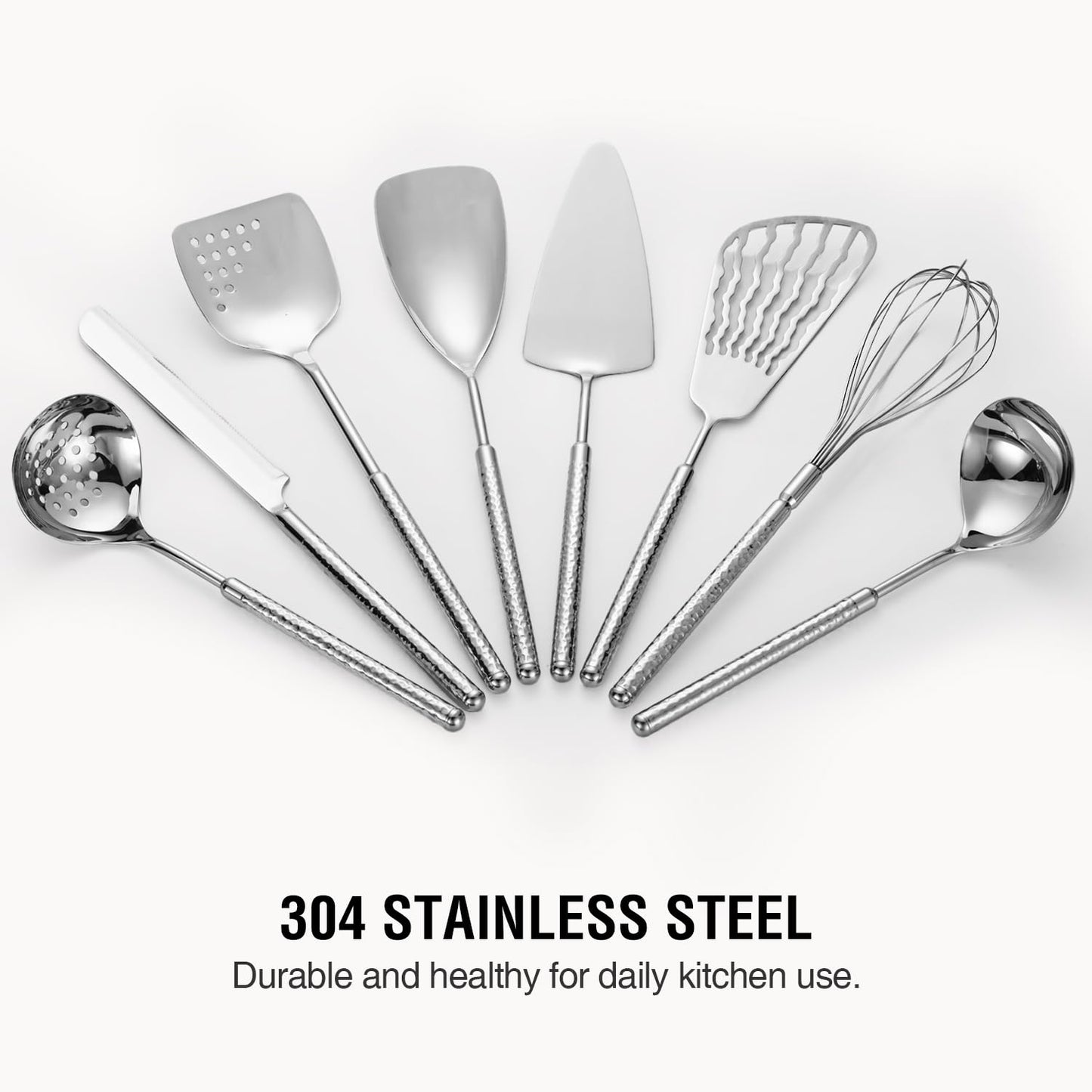 304 Stainless Steel Cooking Utensils Set, HIFIND 8PCS Kitchen Utensils Set, Luxury Kitchen Utensils, Deep Ladle, Skimmer, Slotted Spatula, Fish Spatula, Serving Spoon, Whisk, Bread Knife, Cake Server