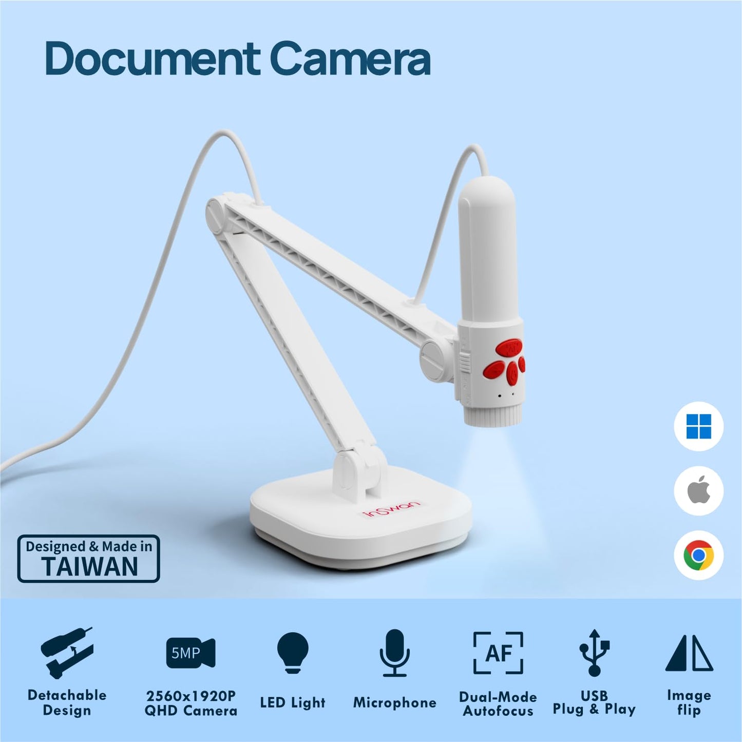 INSWAN INS-3 Handheld Webcam/USB Document Camera for Classroom, Built-in Mic, Light, Auto Focus, Windows, Mac OS, iPad OS, Chromebook for Close-up Demo, Distance Learning, Web Conferencing, IWBs