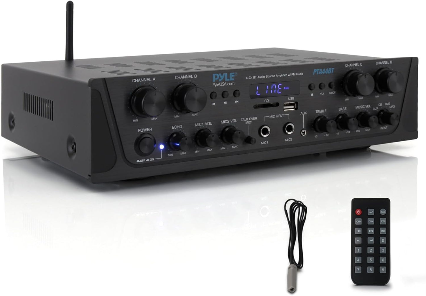 Pyle 500W 4-Channel Karaoke Bluetooth Amplifier / Home Stereo Receiver for Wireless Music Streaming - with AUX - FM - RCA - Sub Out - USB - A / SD MP3 Player - Mic Input with Echo, Vol, Talk-Over