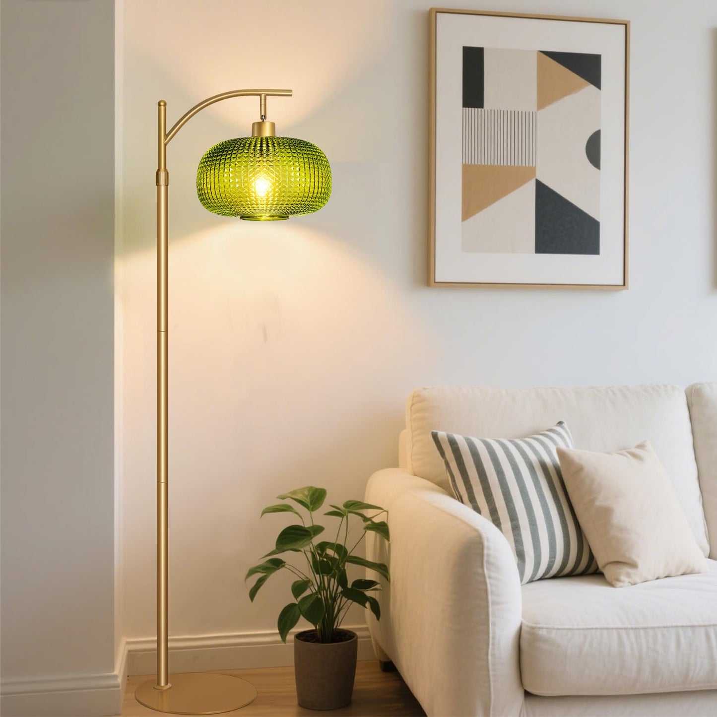 Duoled Modern Floor Lamp for Living Room, Mid Century Tall Standing Lamp Green Glass Lamp Shade, Dimmable Gold Tall Pole Lamp for Bedroom Office with Remote, 1 x 12W LED Edison Bulbs Included