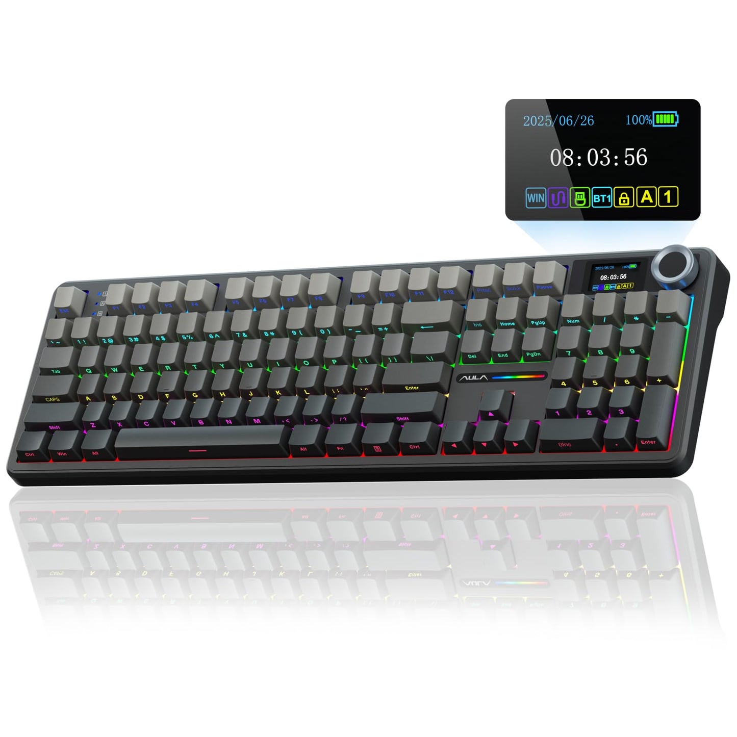 AULA F108 PRO - Wireless Mechanical Keyboard with Screen & Knob,Full Size Keyboard with 8000mAh Battery,Pre-lubed Switches,Side Printed PBT Keycaps,RGB Backlit Hot Swappable Custom Gaming Keyboards