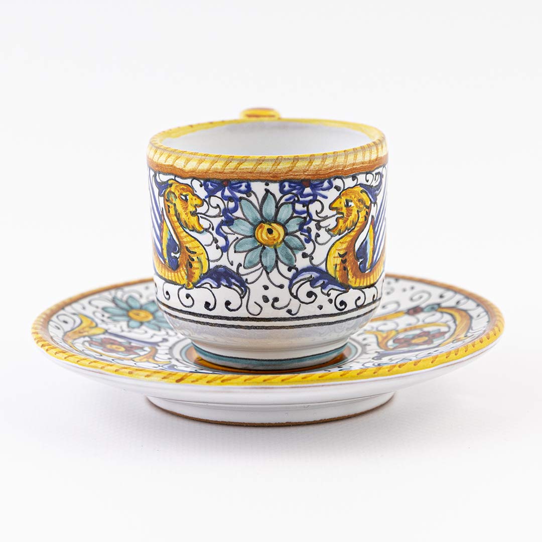 Fima ThatsArte.com - Italian Ceramic Espresso Cup & Saucer Raffaellesco, Deruta - Hand Painted, Handmade Coffee Cup Made in Italy, Deruta Pottery