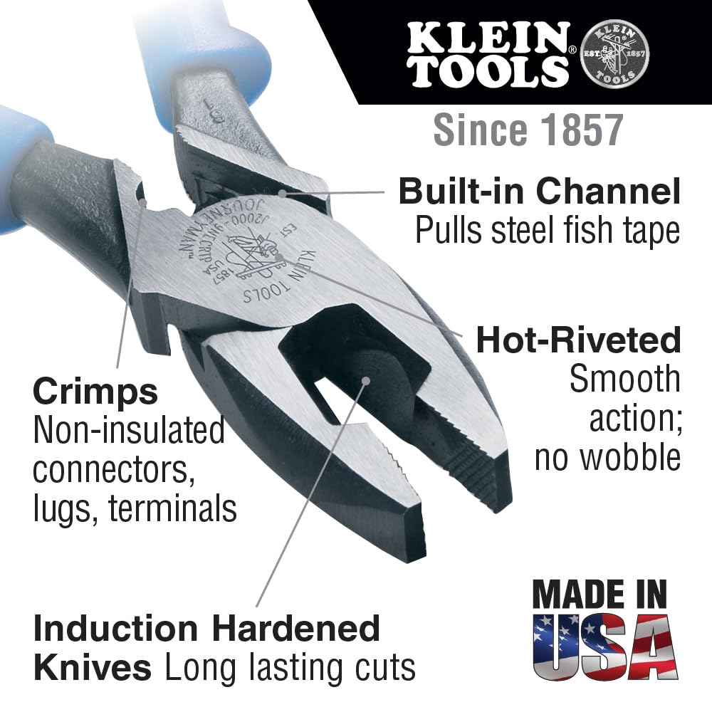 Klein Tools J2000-9NECRTP Side Cutter Linemans Pliers, Made in USA, with Tape Pulling and Wire Crimping, High Leverage, 9-Inch